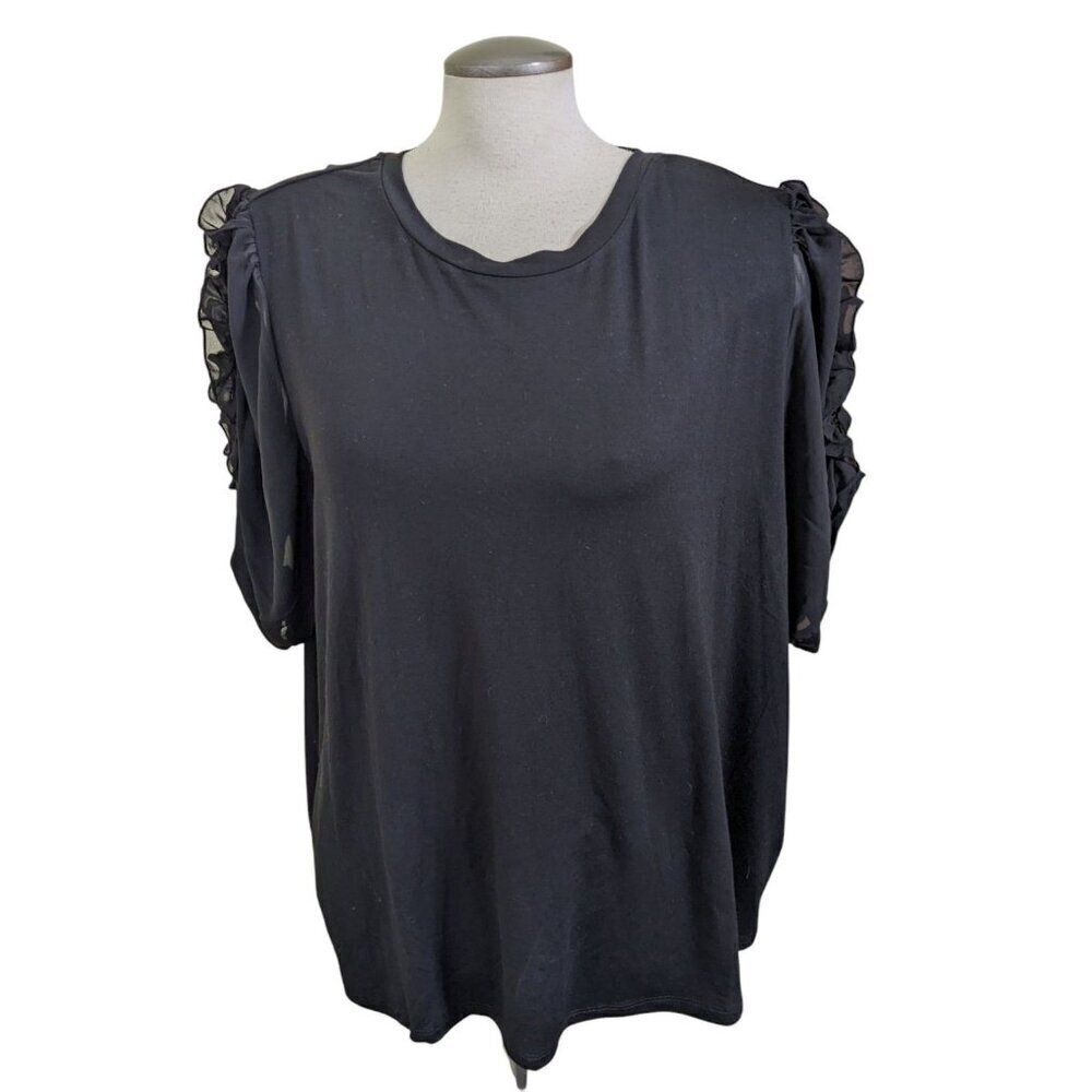 Philosophy Woman NEW Plus 2X Top Blouse Black Ruffle Sheer Short Sleeve Stretch
